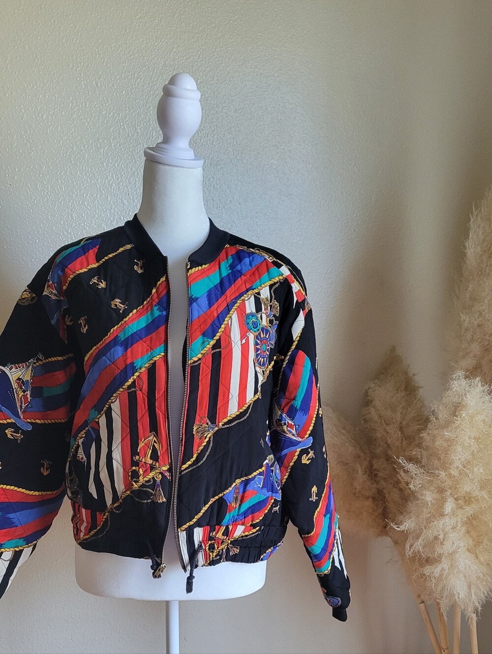 Vintage Nautical Print Bomber Jacket - Small Women Zip Up Cropped Quilted Jacket